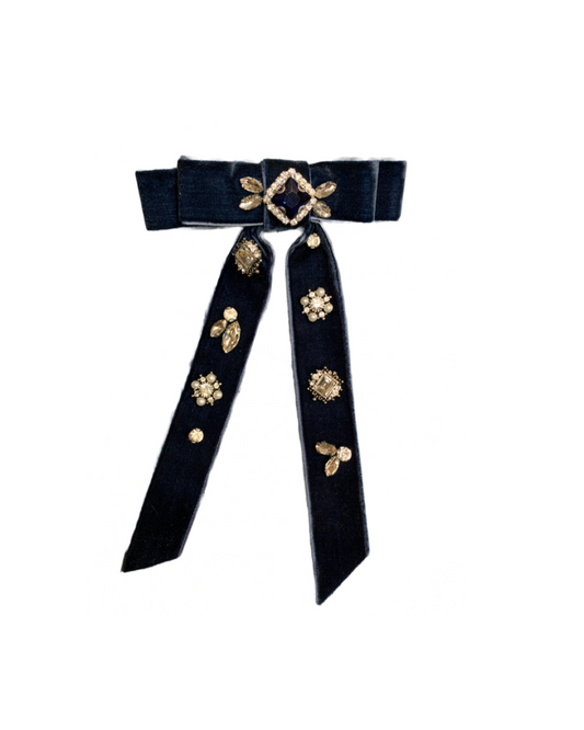 Navy Velvet Bow Blue Jewel